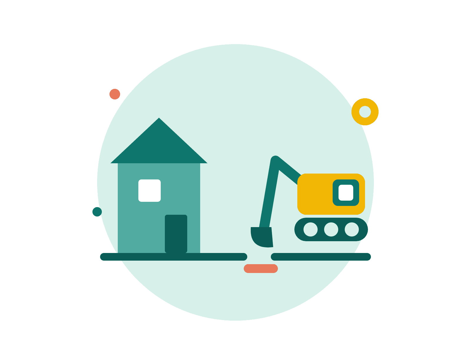 Illustration: Haus mit Bagger und Leerrohr im offenen Graben (Glasfaser-Bauphase)
