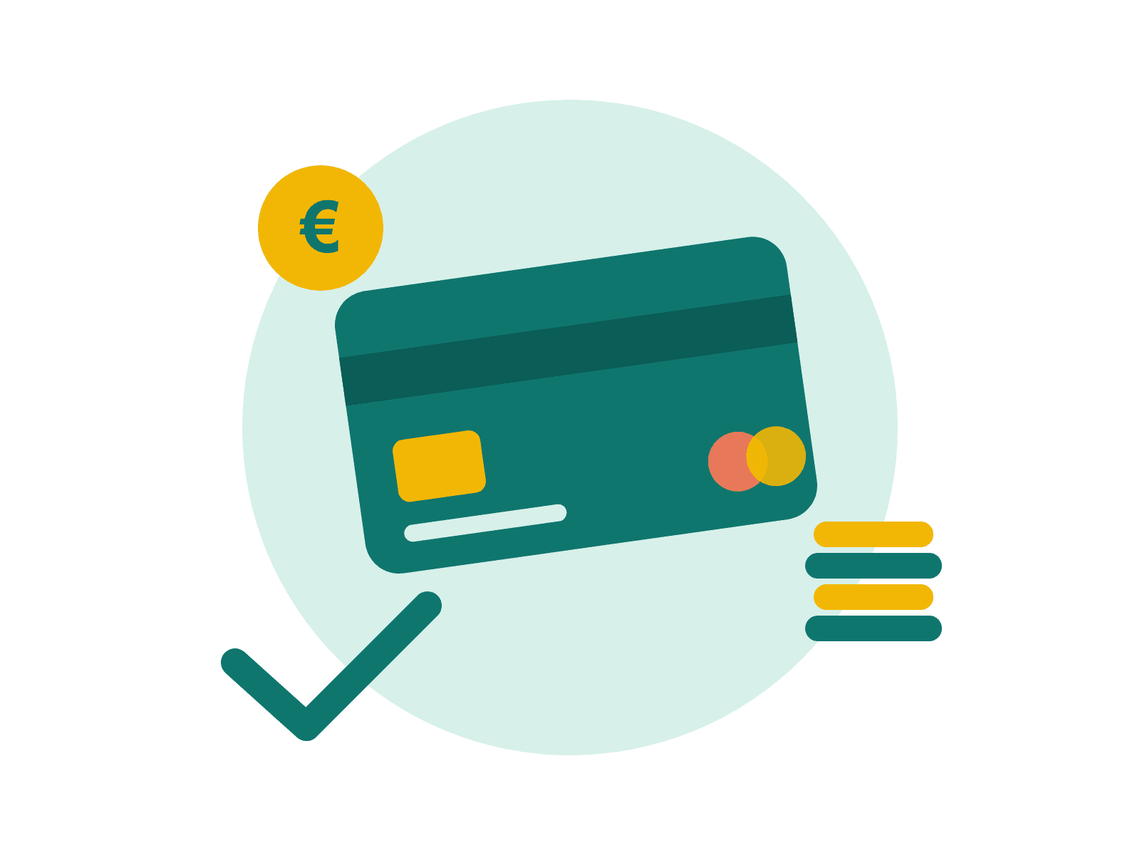 Illustration: Bankkarte mit Euro-Münzen und Häkchen