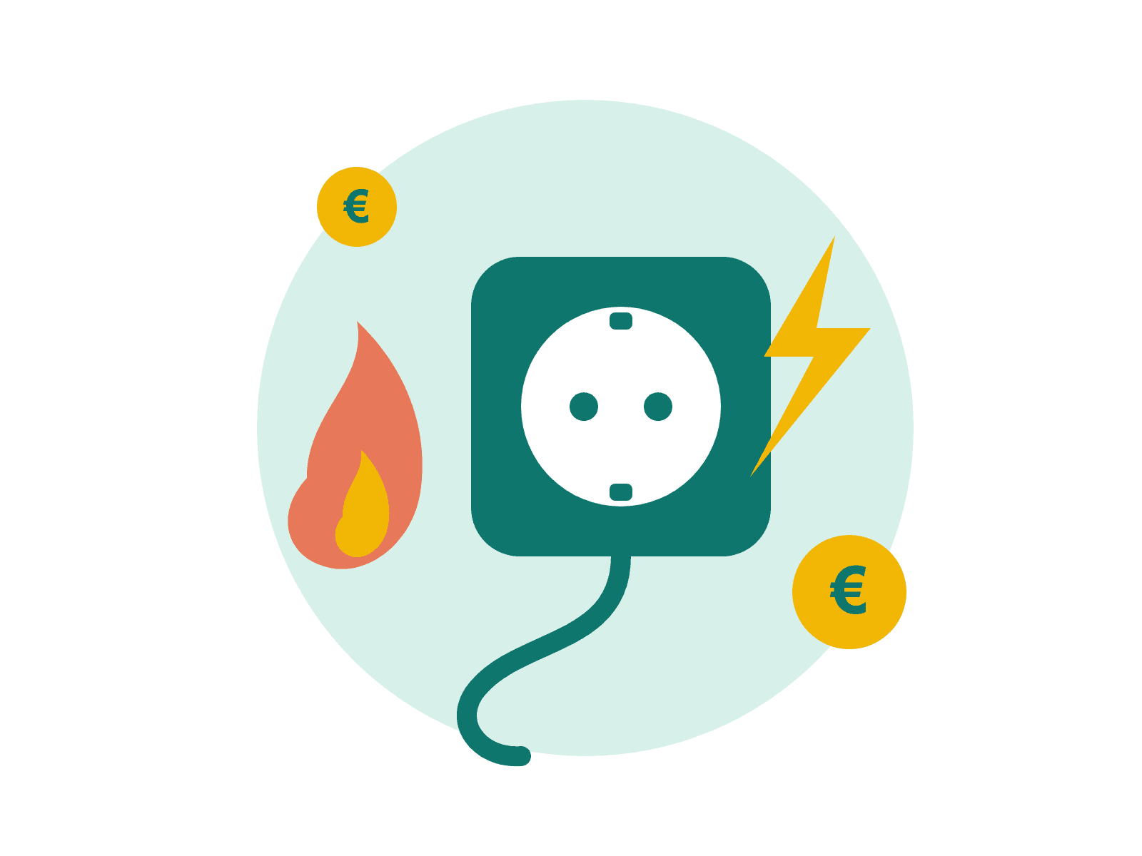 Illustration: Steckdose mit Blitz, Gasflamme und Euro-Münzen