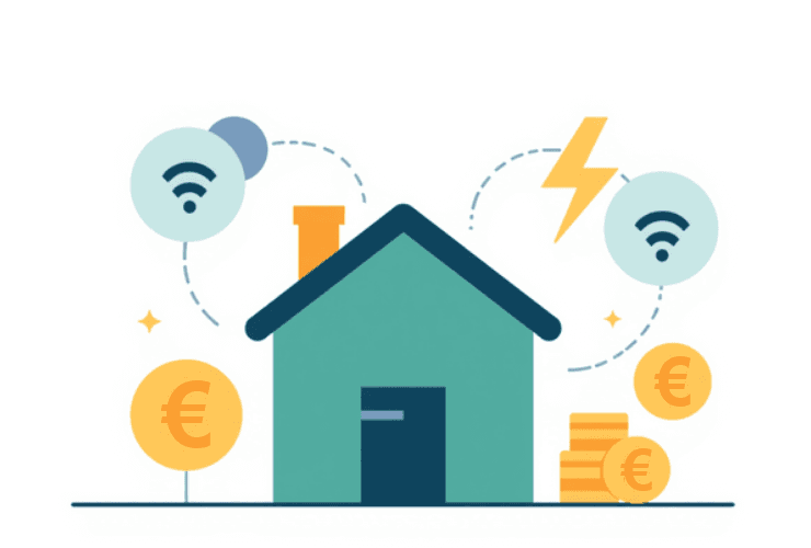 Illustration: Haus mit Symbolen für Internet, Strom und Geld — Fixkosten im Blick